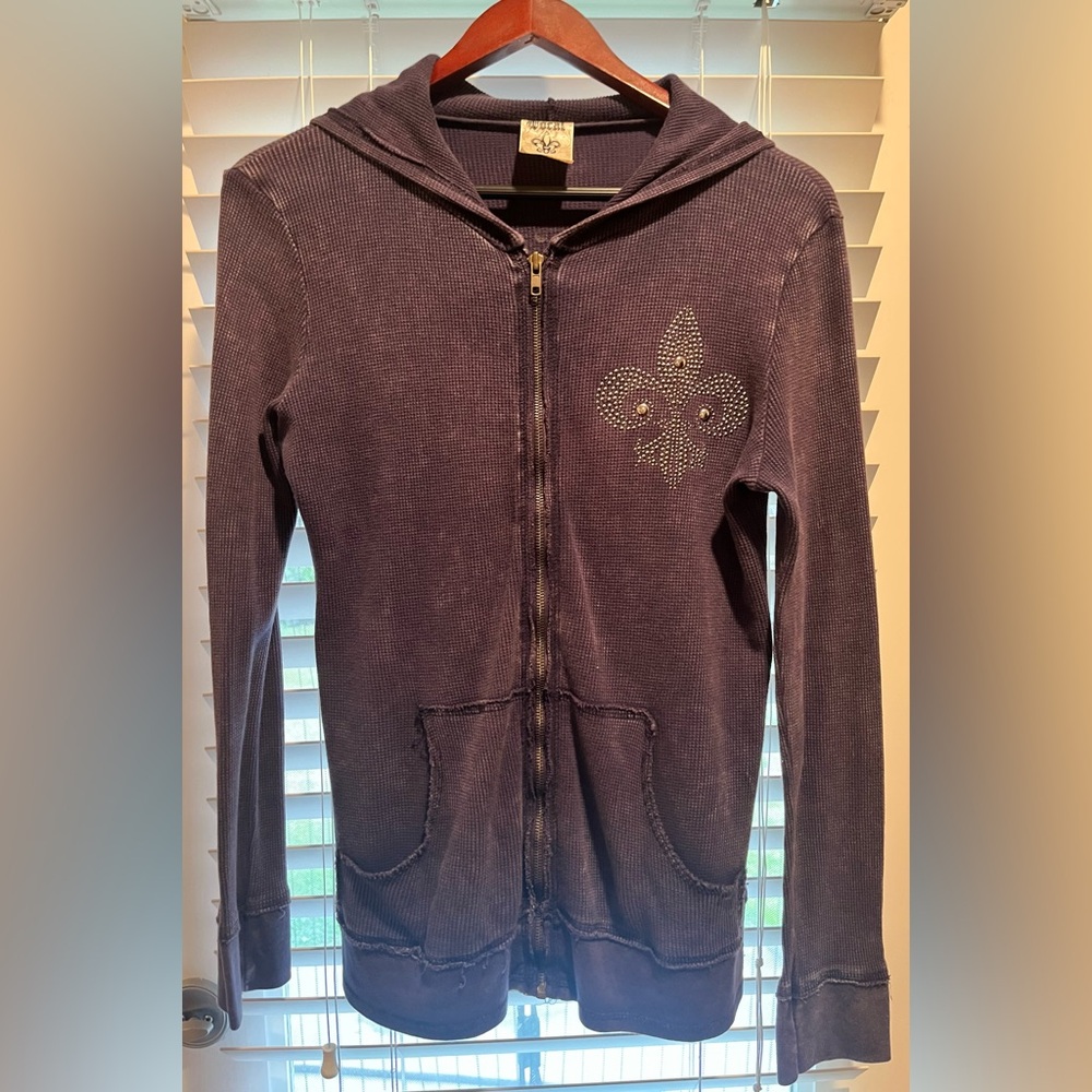 Y2K Local Blue Zip Up Hoodie Rhinestone Angel Wings